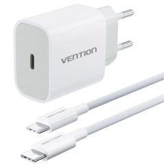 Chargeur mural Vention - 20 W - Câble de 1 m inclus - Gaine en coton tressé et TPE - USB-C - Charge rapide - Blanc