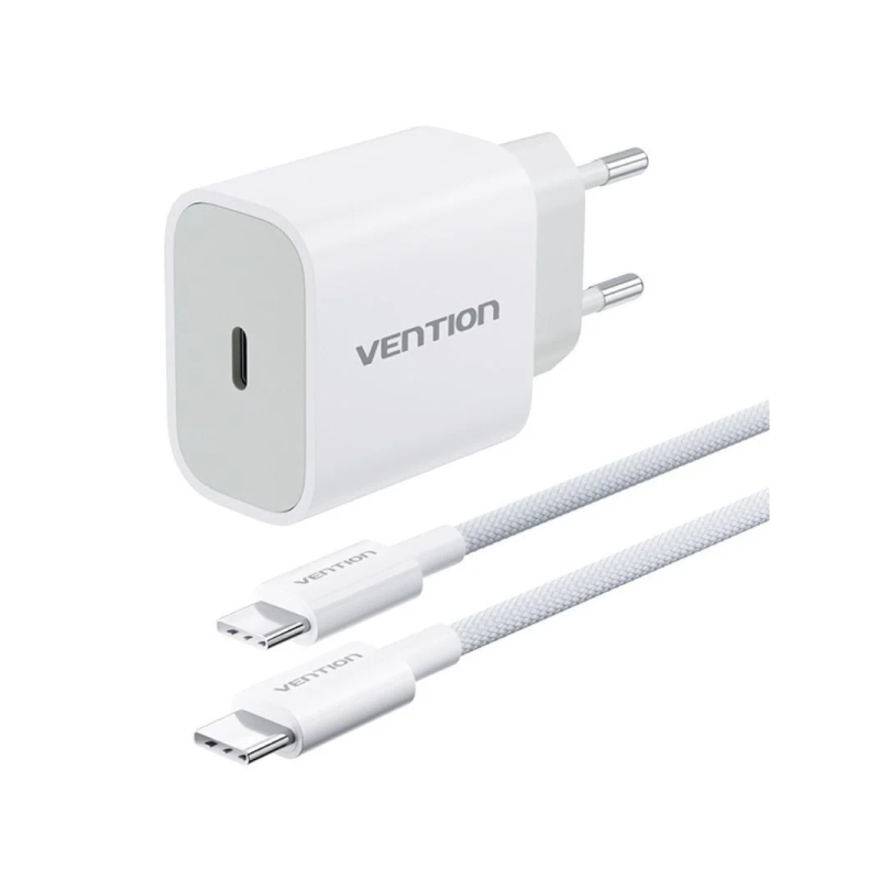 Chargeur mural Vention - 20 W - Câble de 1 m inclus - Gaine en coton tressé et TPE - USB-C - Charge rapide - Blanc