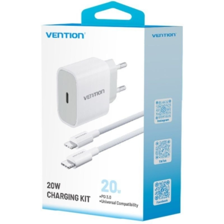 Chargeur mural Vention - 20 W - Câble de 1 m inclus - Gaine en coton tressé et TPE - USB-C - Charge rapide - Blanc