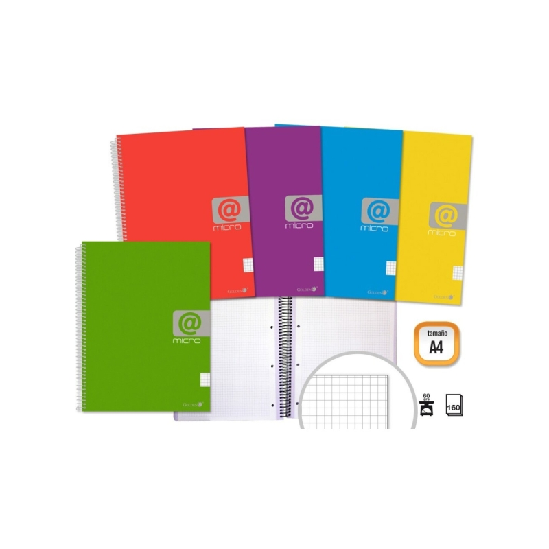 LOT de 5 Cahier à spirales A4 doré 160 feuilles 60 g/m² quadrillé 5x5 - Feuilles microperforées avec 4 trous et 4 bandes de coul