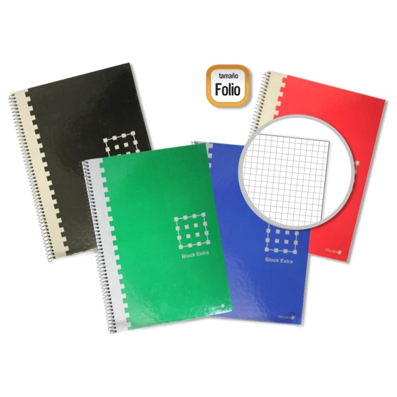 LOT de 6 Cahier Spirale Doré Folio 80 Feuilles 60grs. Grille - Marge surlignée - Couverture extra rigide - Couleurs assorties