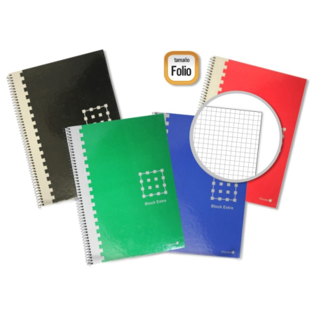LOT de 6 Cahier Spirale Doré Folio 80 Feuilles 60grs. Grille - Marge surlignée - Couverture extra rigide - Couleurs assorties