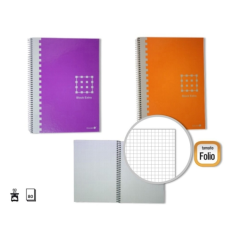 LOT de 6 Cahier Spirale Doré Folio 80 Feuilles 60grs. Grille - Marge surlignée - Couverture extra rigide - Couleurs assorties
