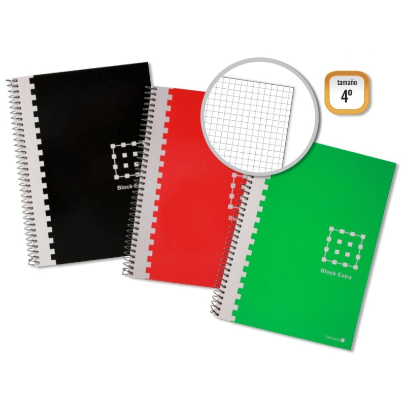 LOT de 6 Cahier à spirales doré, 4e année, 80 feuilles, 60 g/m², quadrillé, marges marquées, couverture extra rigide, couleurs a