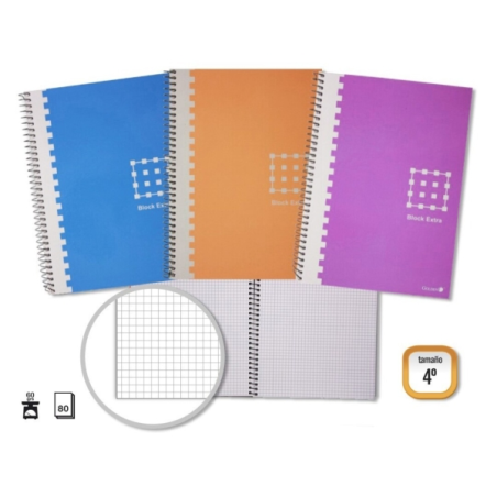 LOT de 6 Cahier à spirales doré, 4e année, 80 feuilles, 60 g/m², quadrillé, marges marquées, couverture extra rigide, couleurs a