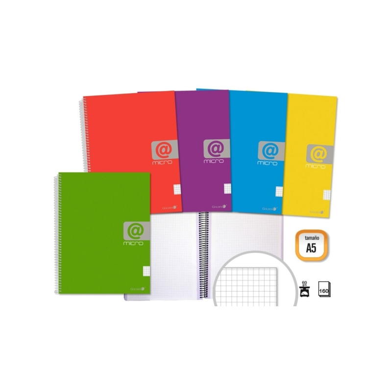 LOT de 5 Cahier à spirales A5 doré 160 feuilles 60 g/m² quadrillé - Feuilles microperforées avec 4 trous et 4 bandes de couleur