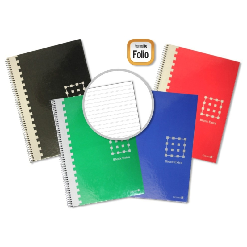 LOT de 6 Carnet à spirales doré Folio 80 feuilles 60 g/m² ligné - Marges marquées - Couverture extra rigide - Couleurs assorties