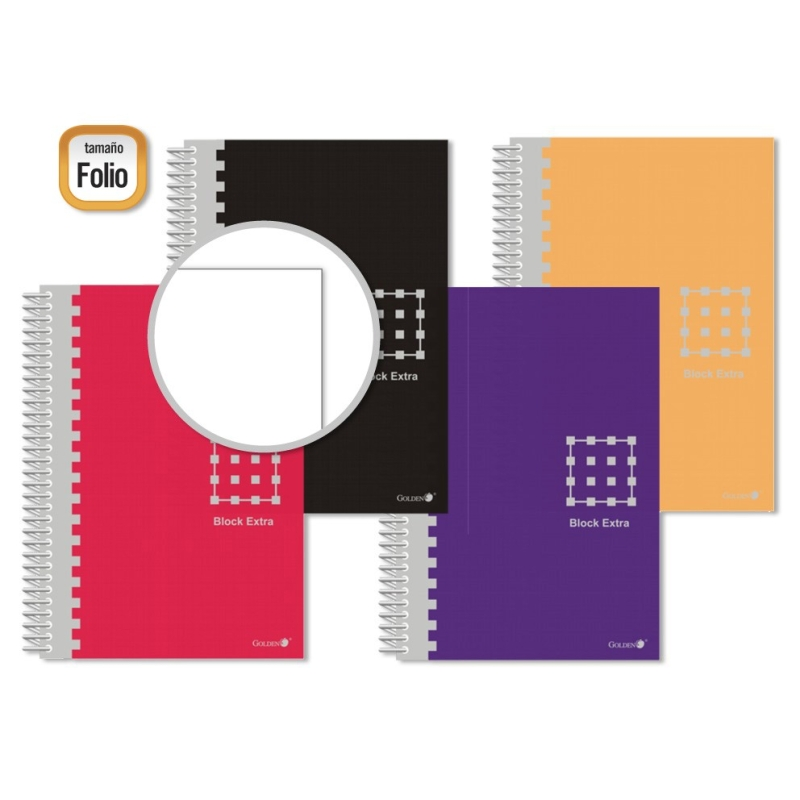 LOT de 6 Carnet à spirales doré Folio 80 feuilles 60 g/m² uni - Marges marquées - Couverture extra rigide - Couleurs assorties
