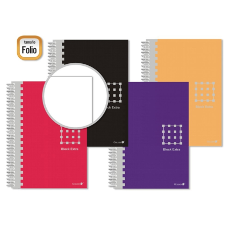 LOT de 6 Carnet à spirales doré Folio 80 feuilles 60 g/m² uni - Marges marquées - Couverture extra rigide - Couleurs assorties