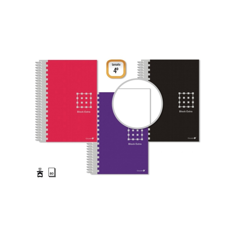 LOT de 6 Cahier à spirales doré, 4e année, 80 feuilles, 60 g/m², uni, marges marquées, couverture extra rigide, couleurs assorti