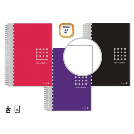 LOT de 6 Cahier à spirales doré, 4e année, 80 feuilles, 60 g/m², uni, marges marquées, couverture extra rigide, couleurs assorti