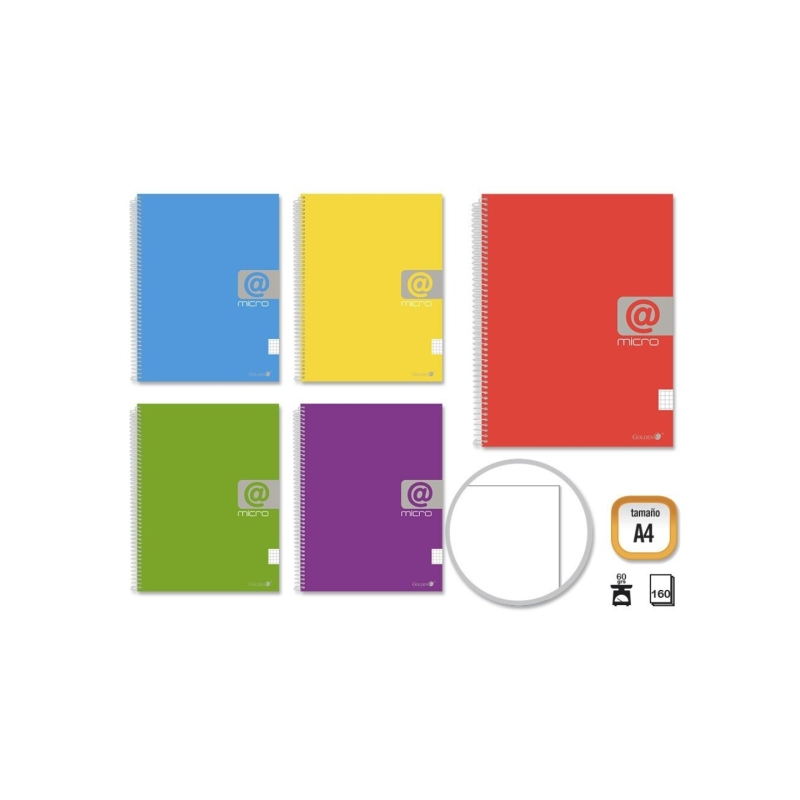 LOT de 5 Cahier à spirales doré A4 160 feuilles 60 g/m² uni - Feuilles microperforées avec 4 trous et 4 bandes de couleur - Couv