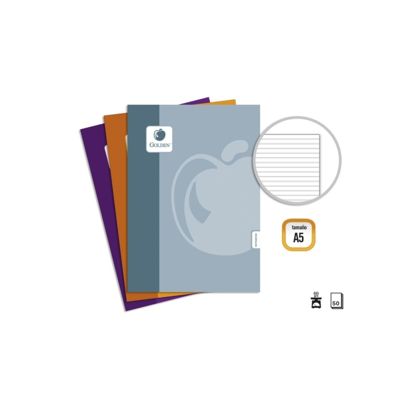 Pack de base doré de 10 cahiers agrafés A5, 50 feuilles, 60 g/m², lignés - Couleurs assorties