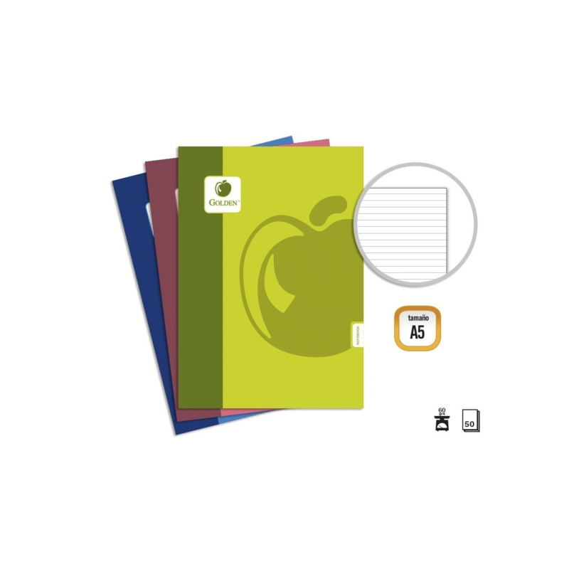 Pack de base doré de 10 cahiers agrafés A5, 50 feuilles, 60 g/m², 1 ligné - Couleurs assorties