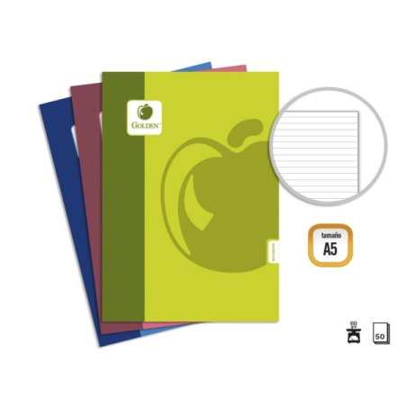 Pack de base doré de 10 cahiers agrafés A5, 50 feuilles, 60 g/m², 1 ligné - Couleurs assorties
