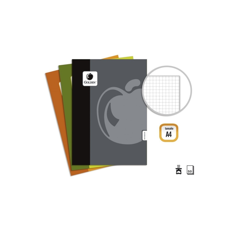 Pack de base doré de 10 cahiers agrafés A4, 50 feuilles, 60 g/m², quadrillé - Couleurs assorties