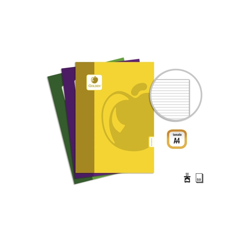 Pack de base doré de 10 cahiers agrafés A4, 50 feuilles, 60 g/m², lignés - Couleurs assorties