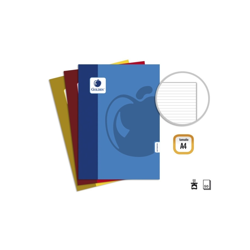 Pack de base doré de 10 cahiers agrafés A4, 50 feuilles, 60 g/m², 1 ligné - Couleurs assorties