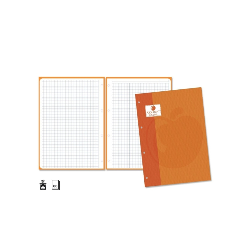 Recharge Golden Extra 80 feuilles 90 g/m², quadrillage 4x4, format A4, 4 trous et bande orange