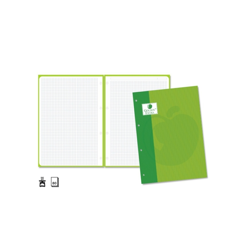 Recharge Golden Extra 80 feuilles 90 g/m², quadrillage 4x4, format A4, 4 trous et bande verte