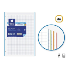 LOT de 4 Recharge Golden Extra 100 feuilles 90 g/m², quadrillage 5 x 5, format A4, 4 trous et bandes de couleur