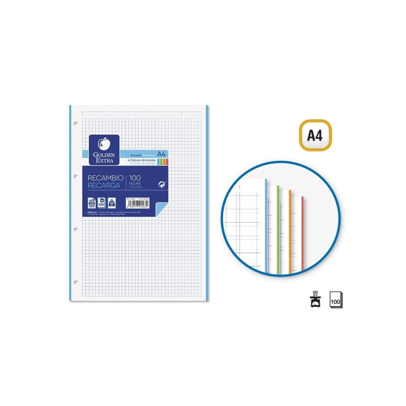 LOT de 4 Recharge Golden Extra 100 feuilles 90 g/m², quadrillage 5 x 5, format A4, 4 trous et bandes de couleur