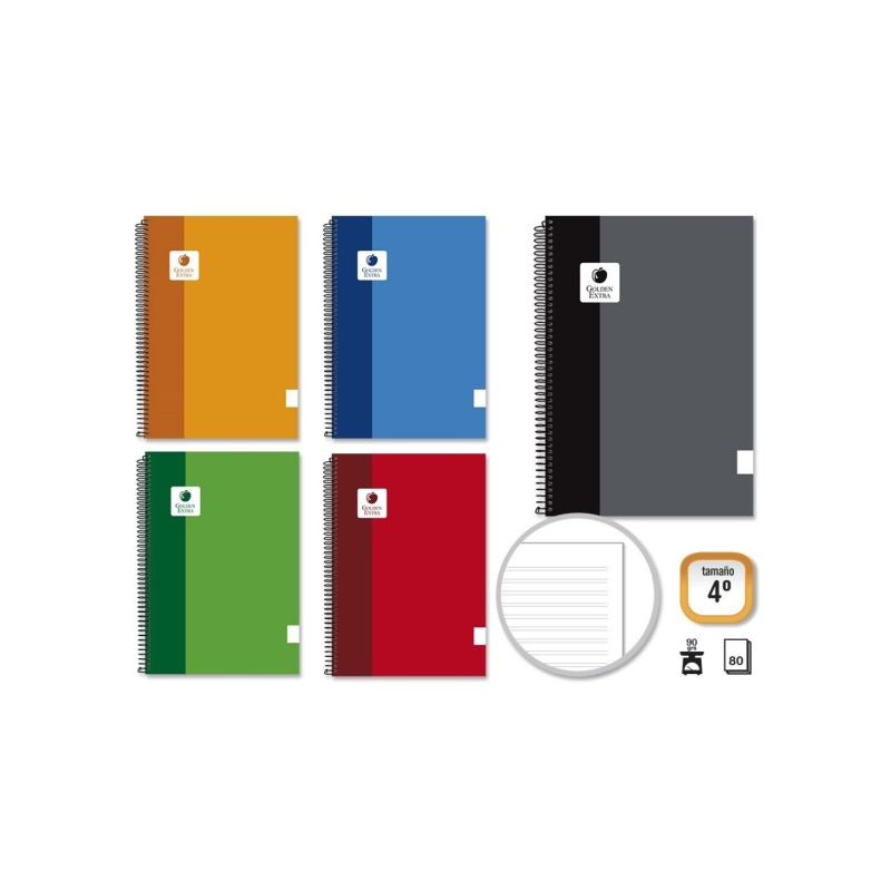 LOT de 10 Cahier à spirales Golden Extra 4e, 80 feuilles, 90 g/m², ligné, marges soulignées, couverture lignée, couleurs assorti