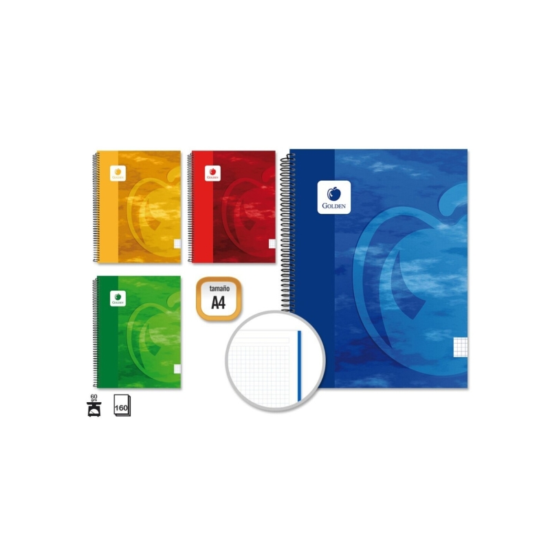 LOT de 4 Cahier à spirales doré A4 160 feuilles 60 g/m² quadrillé 5 x 5 - Feuilles microperforées - Couverture rigide plastifiée