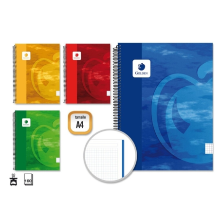 LOT de 4 Cahier à spirales doré A4 160 feuilles 60 g/m² quadrillé 5 x 5 - Feuilles microperforées - Couverture rigide plastifiée
