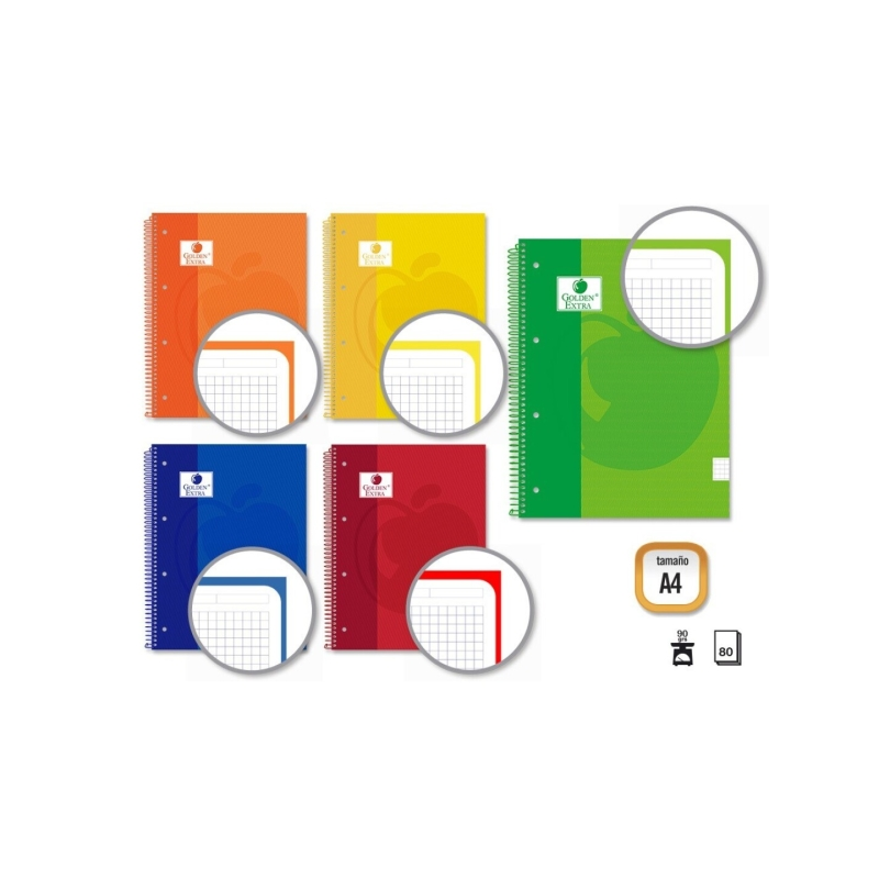 LOT de 5 Cahier à spirales Golden Extra A4 80 feuilles 90 g/m² quadrillé 5x5 - Feuilles microperforées avec bande colorée - Couv
