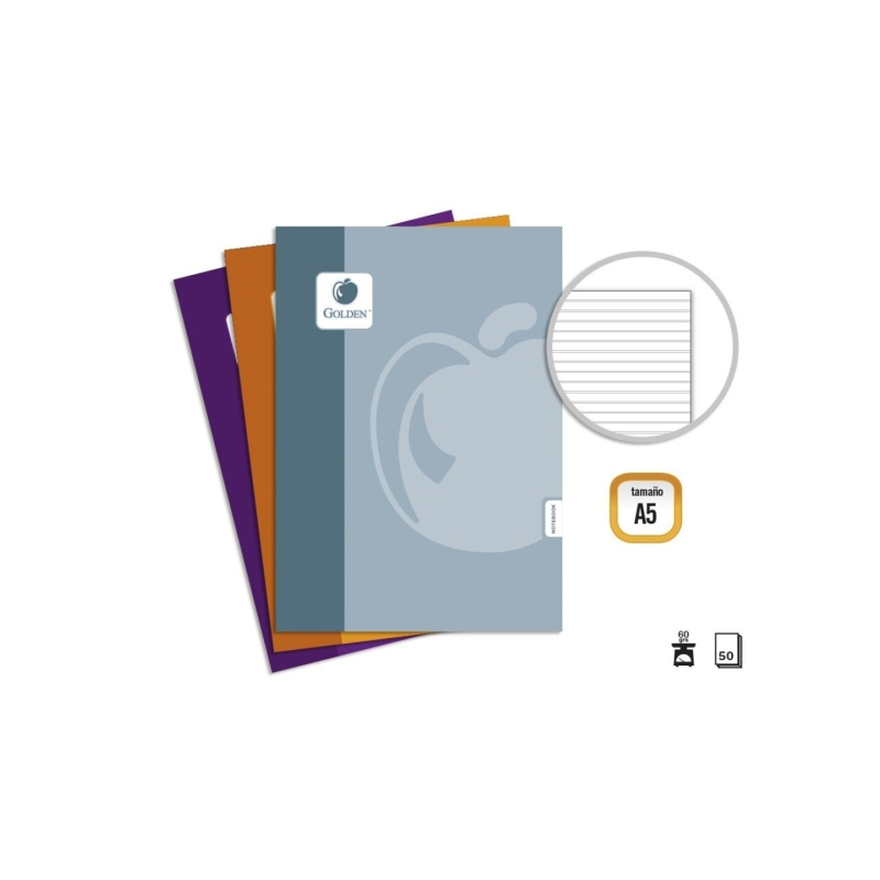 Pack de 10 cahiers agrafés Golden Basic A5, 50 feuilles, 60 g/m², ligné 3,5 - Couleurs assorties