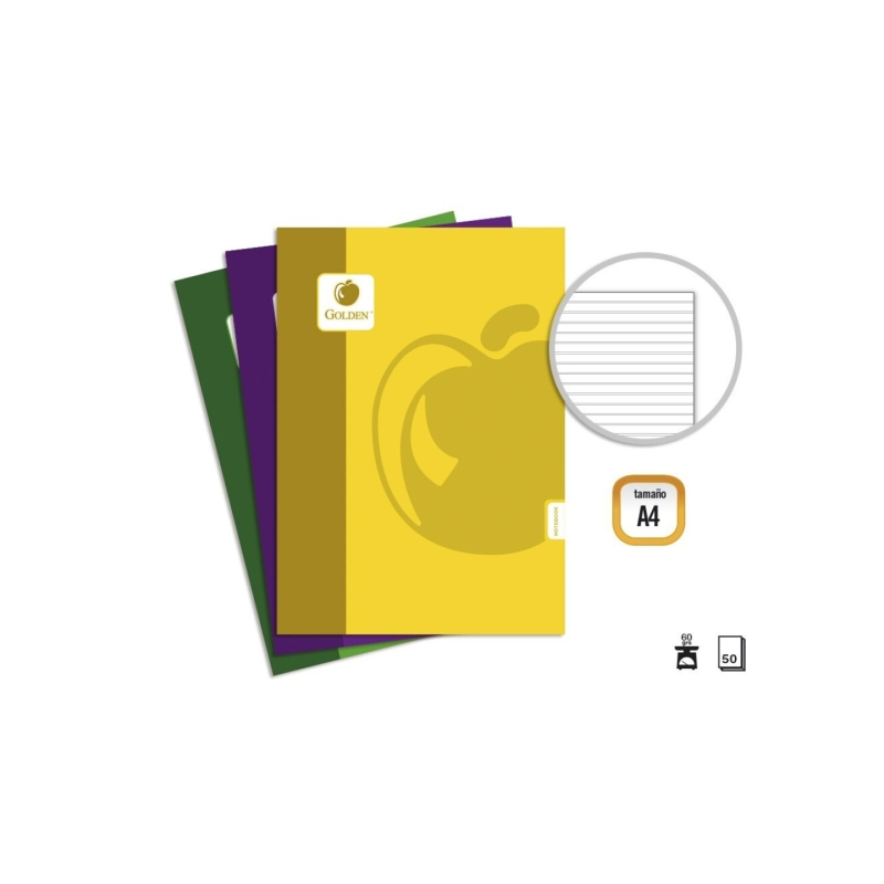 Pack de base doré de 10 cahiers agrafés A4, 50 feuilles, 60 g/m², ligné 3,5 - Couleurs assorties
