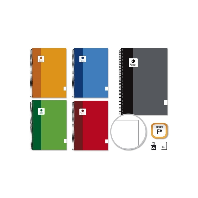 LOT de 5 Cahier à spirales Golden Extra Folio 80 feuilles 90 g/m² uni - Marges marquées - Couverture lignée - Couleurs assorties