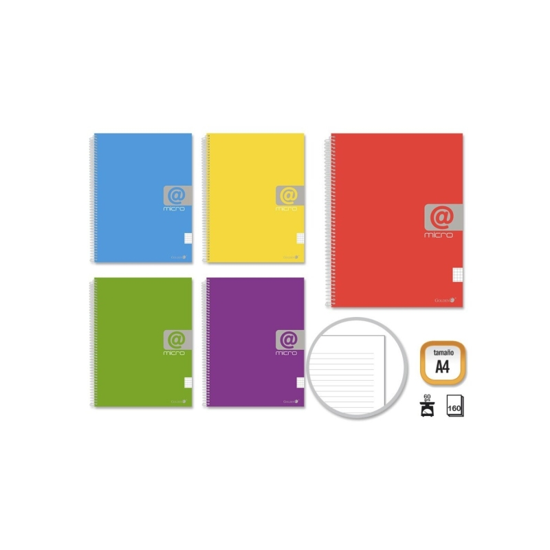 LOT de 5 Cahier à spirales doré A4 160 feuilles 60 g/m² 1 ligné - Feuilles microperforées avec 4 trous et 4 bandes de couleur -