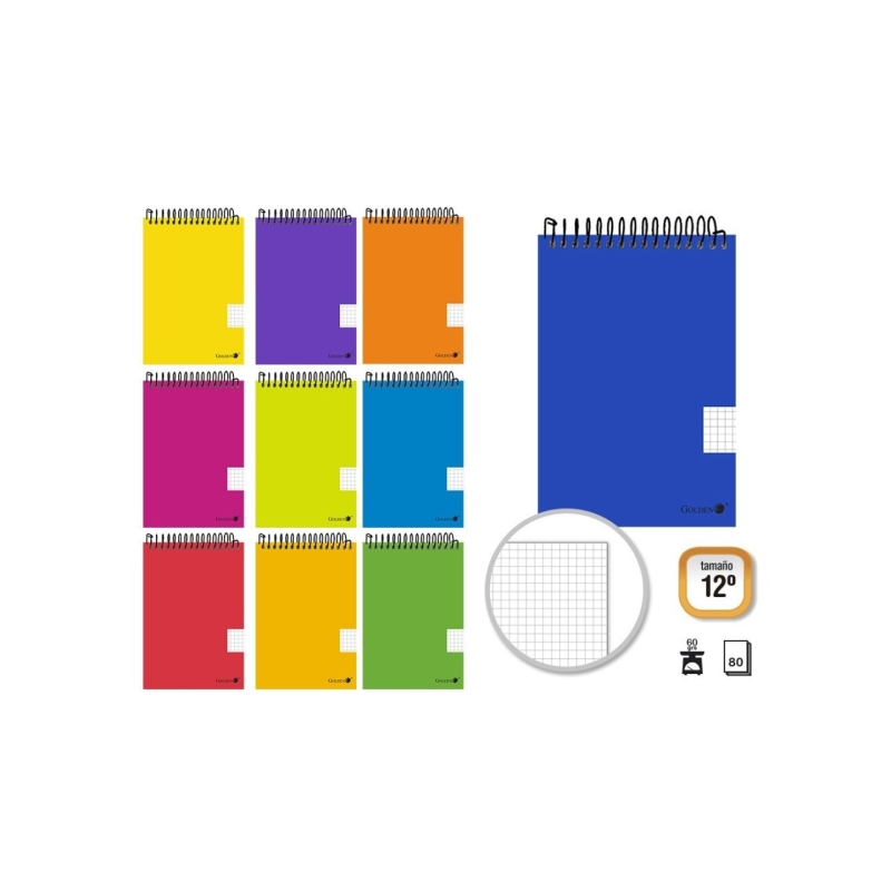 LOT de 10 Cahier à spirale doré, format paysage, 80 feuilles, 60 g/m², quadrillage 4x4 - Format 12o - Couleurs assorties