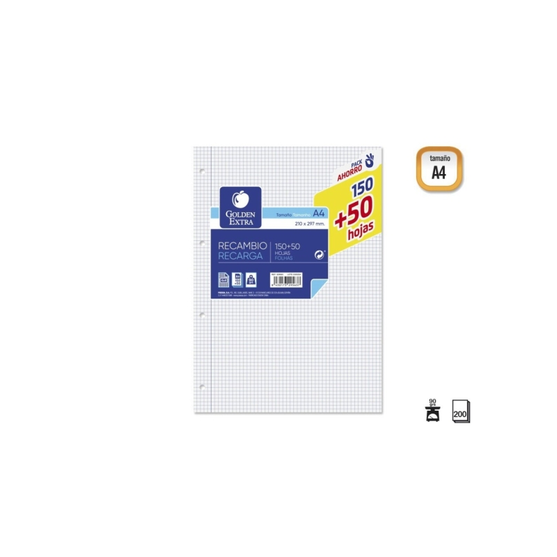 Recharge Golden Extra 200 feuilles 90 g/m², quadrillage 4x4 - Format A4 - 4 trous