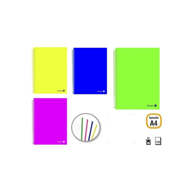 Pack Doré de 4 Cahiers A4 120 Feuilles 90gr Quadrillage 5x5 - Feuilles Microperforées avec Bande de Couleur et 4 Trous - Couvert