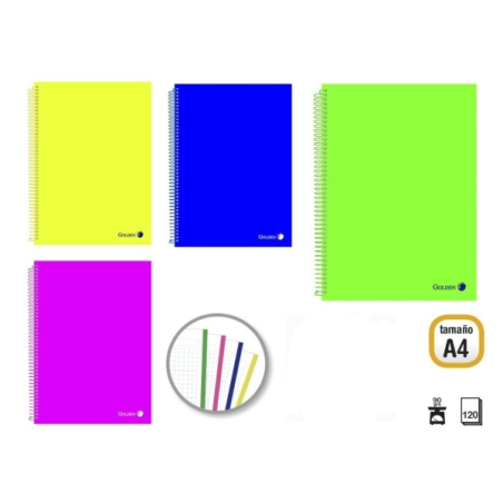 Pack Doré de 4 Cahiers A4 120 Feuilles 90gr Quadrillage 5x5 - Feuilles Microperforées avec Bande de Couleur et 4 Trous - Couvert