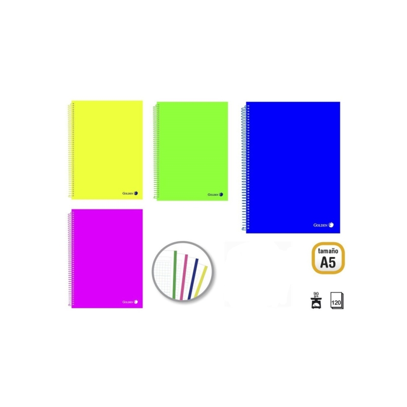 Pack Doré de 8 Cahiers A5 120 Feuilles 90gr Quadrillage 5x5 - Feuilles Microperforées avec Bande de Couleur et 2 Trous - Couvert