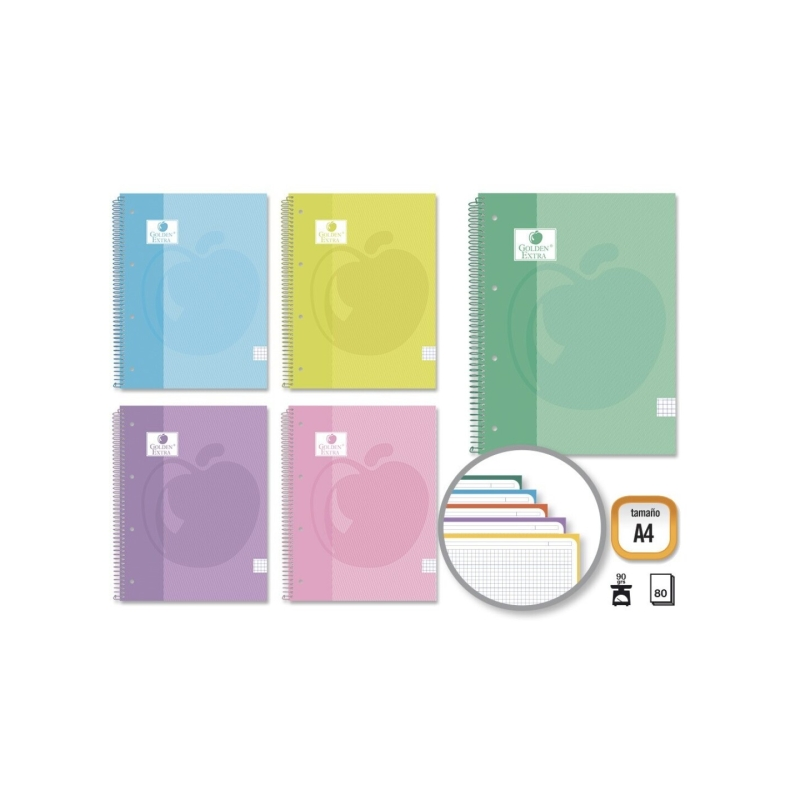 LOT de 5 Cahier à spirales Golden Extra A4 80 feuilles 90 g/m² quadrillé 5x5 - Feuilles microperforées avec bande colorée - Couv