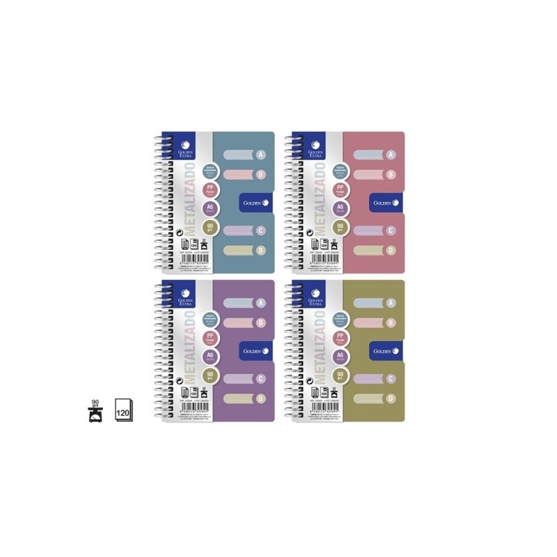 Lot de 12 cahiers A6 dorés, 120 feuilles, 90 g/m², quadrillage 5x5, couverture polypropylène, 4 intercalaires, couleurs métallis