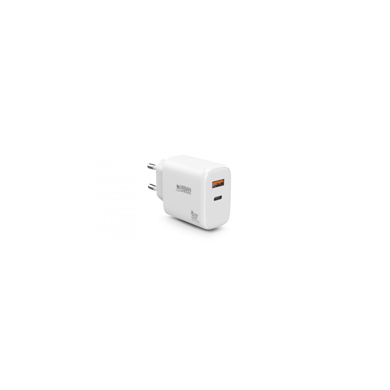 Chargeur USB-C Urban Factory Power 65 W GaN - 1 port USB-C 45 W + 1 port USB-A 18 W - Charge rapide - Blanc