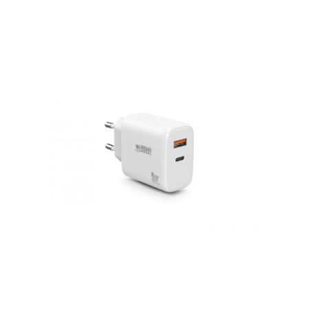 Chargeur USB-C Urban Factory Power 65 W GaN - 1 port USB-C 45 W + 1 port USB-A 18 W - Charge rapide - Blanc