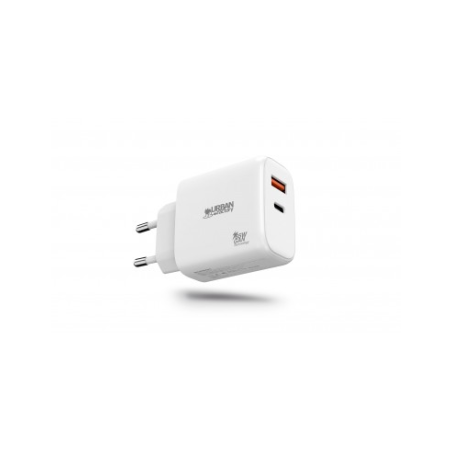 Chargeur USB-C Urban Factory Power 65 W GaN - 1 port USB-C 45 W + 1 port USB-A 18 W - Charge rapide - Blanc