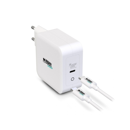 Chargeur mural USB-C Urban Factory Cyclee 100 W GaN - Design écologique - Câble USB-C/USB-C de 2 m - Blanc