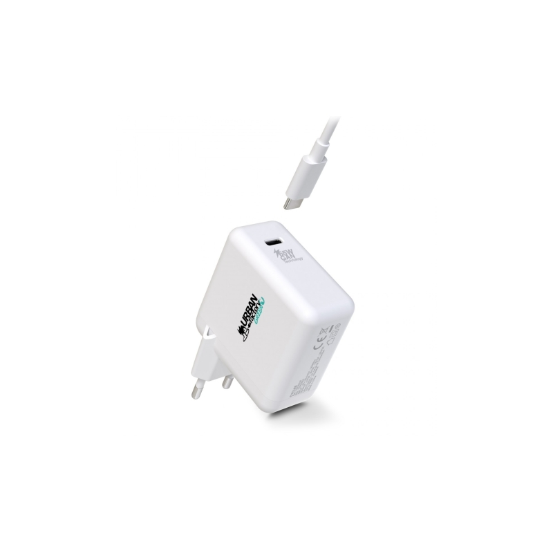 Chargeur mural USB-C Urban Factory Cyclee 65 W GaN - Design écologique - Câble USB-C/USB-C de 2 m - Blanc