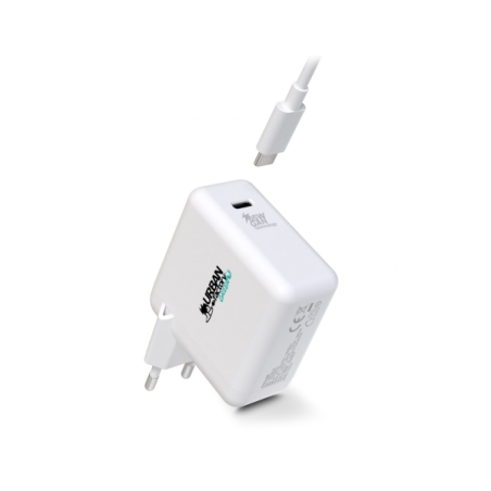 Chargeur mural USB-C Urban Factory Cyclee 65 W GaN - Design écologique - Câble USB-C/USB-C de 2 m - Blanc