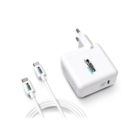 Chargeur mural USB-C Urban Factory Cyclee 65 W GaN - Design écologique - Câble USB-C/USB-C de 2 m - Blanc