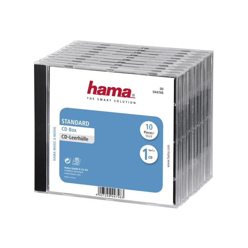 Hama Lot de 10 boîtiers CD/DVD vides - Polystyrène - 14 x 12,4 x 1,04 cm - Noir et transparent