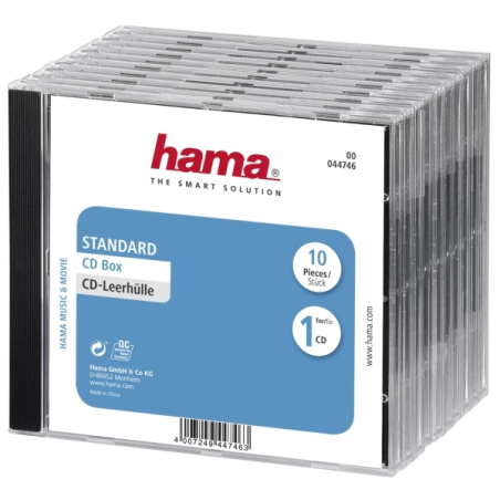 Hama Lot de 10 boîtiers CD/DVD vides - Polystyrène - 14 x 12,4 x 1,04 cm - Noir et transparent